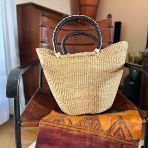 Panier artisanal bolga Kadina Ecru avec anses en cuir